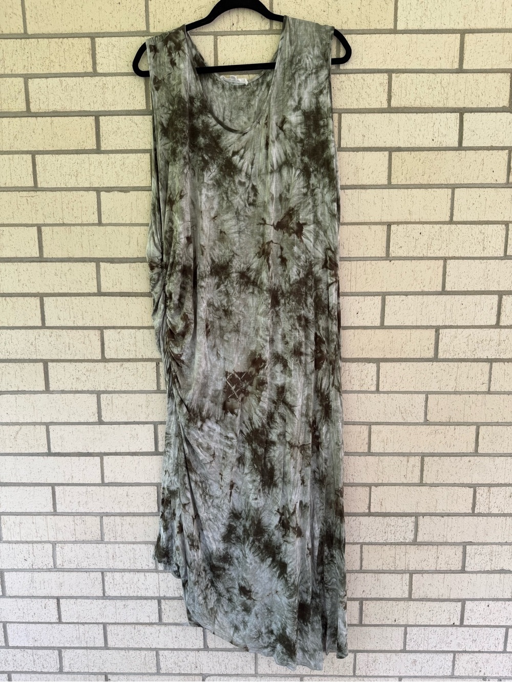Sleeveless Olive Tie-Dye Maxi Skirt with Side Ruching
